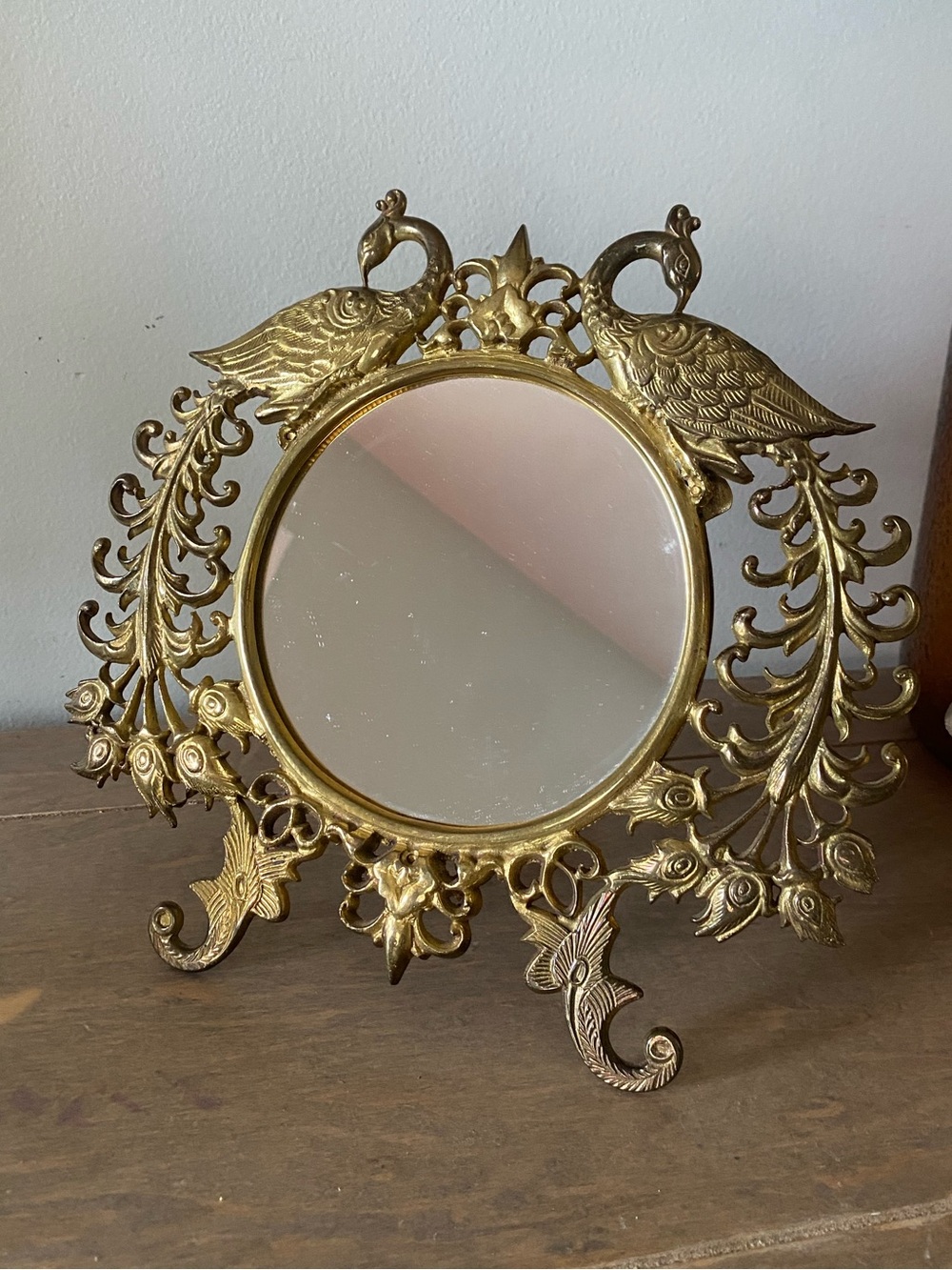 Solid Brass Peacock Small Mirror On stand Whimsical Home Decor Vintage